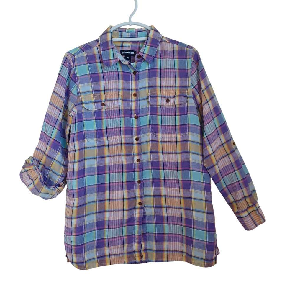 Lands End Womens Purple Plaid 100% Linen Roll Tab Button Up Shirt Size M 10-12